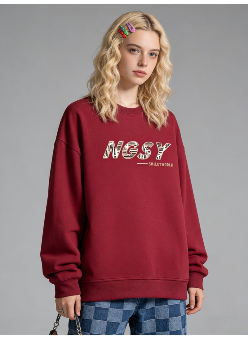 BM INS Burgundy "NGSY" Striped Letter Oversized Crew Neck Sweatshirt | Unisex Pullover With "SMILEY WORLD" Slogan - Image 4